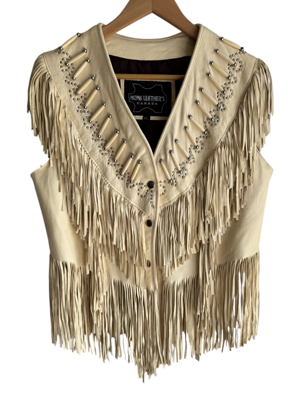 Vintage Cream Leather Fringe Vest Women's L/XL Studded Western Rodeo Boho